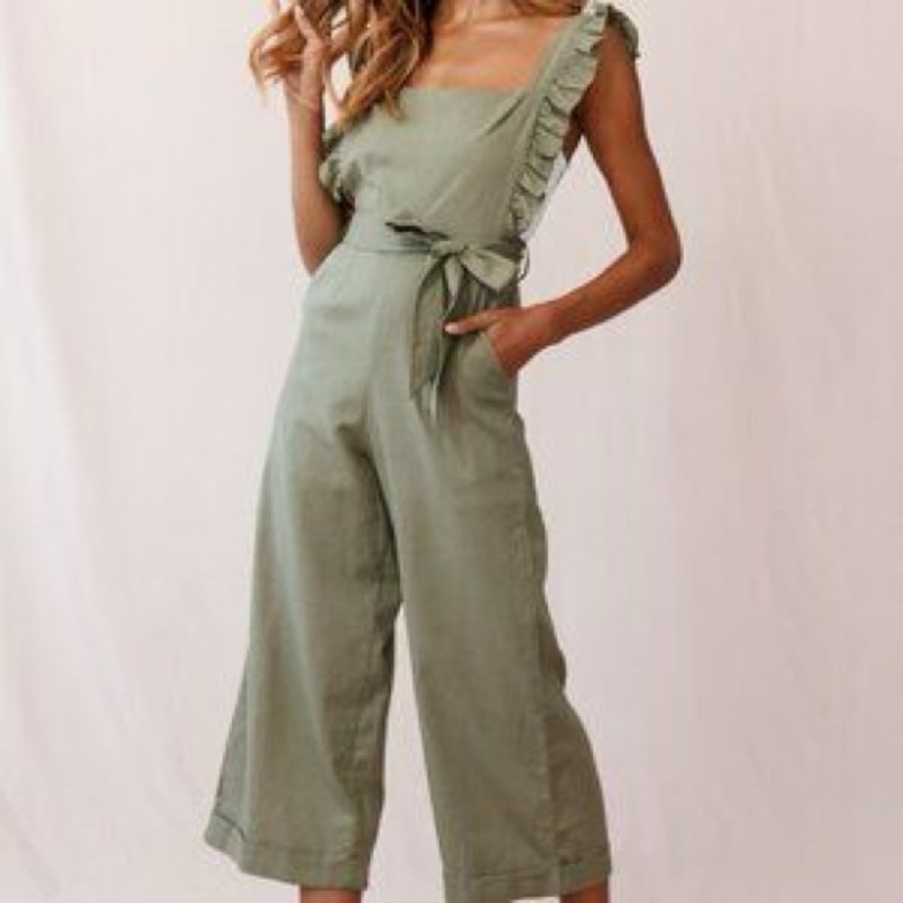 Altar'd State Sage Green Ruffle-Strap Jumpsuit